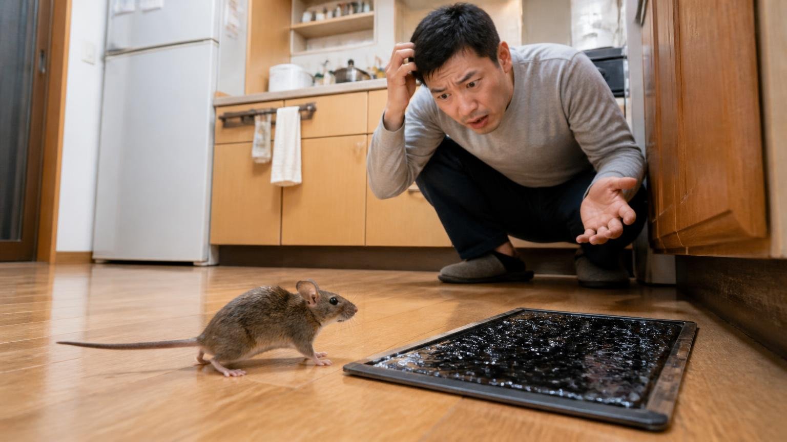 新品の粘着シートを警戒するネズミ。木造戸建ての台所の床で、住人男性1人がしゃがみ困惑した表情