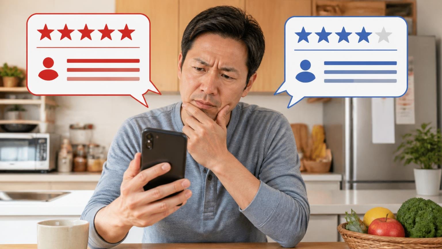 口コミの評価が真っ二つに割れる理由。木造戸建ての台所で40代男性1人がスマホの口コミを読み比べ首をかしげる