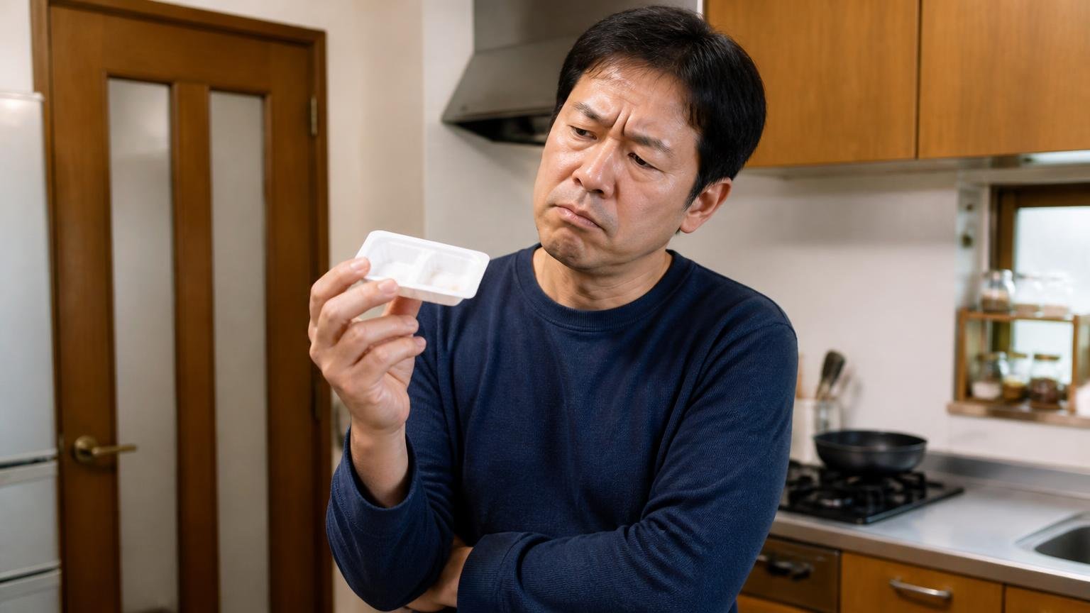 「効かない」の正体は多くの場合まだ効いていないだけ、木造戸建ての台所で40代男性が減った薬剤トレーを見つめ首をかしげる