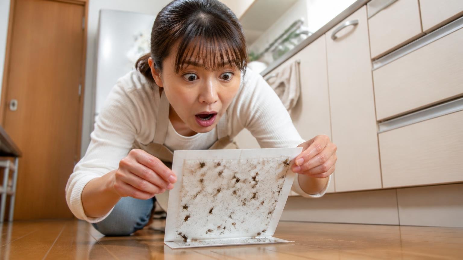 「捕れた」という口コミ 木造戸建ての台所の床で 主婦1人が 粘着シートをのぞき込んで目を見開く
