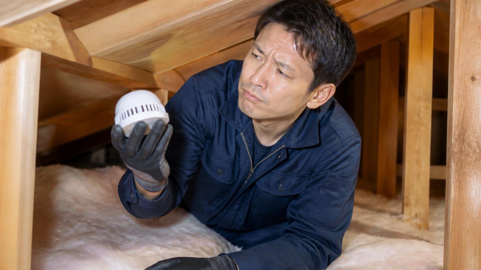 みはり番は駆除剤ではなく忌避剤|木造戸建ての屋根裏で置き型の忌避剤を手に取る男性1人が首をかしげる