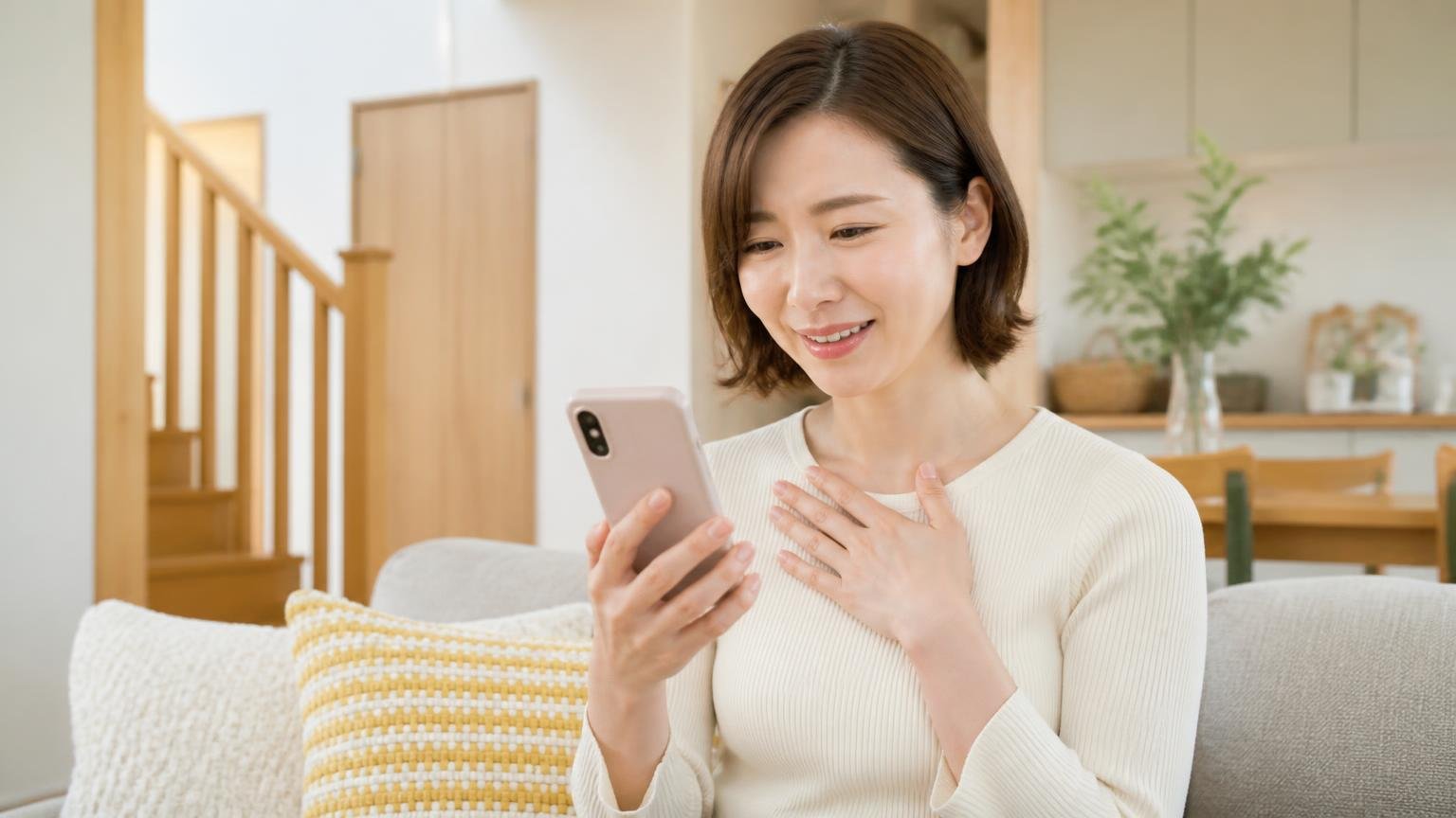 施工の悪い評判は確認できず|木造戸建てのリビングでスマホの口コミ画面を見て安堵する30代女性1人