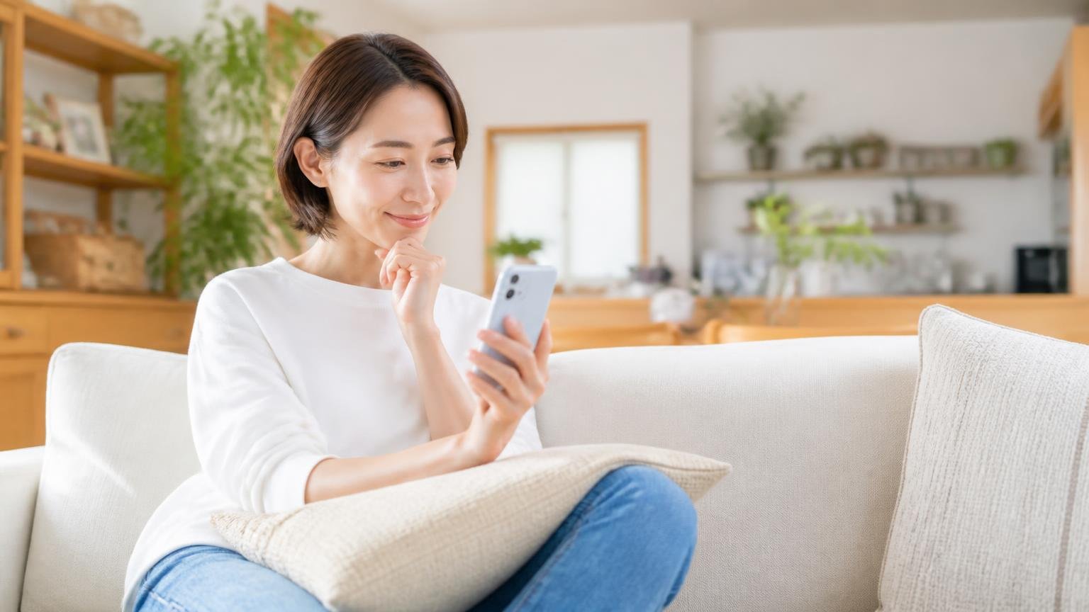良い口コミに共通する3つのキーワード。戸建てのリビングのソファでスマホの口コミを読む30代女性1人が、うなずいて納得した表情