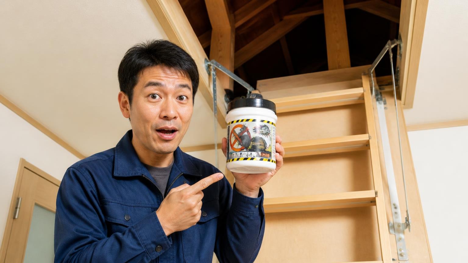 ドラネズミバリア強力忌避剤400gの商品説明 木造戸建ての天井裏の点検口前 40代男性が容器を手に説明する表情