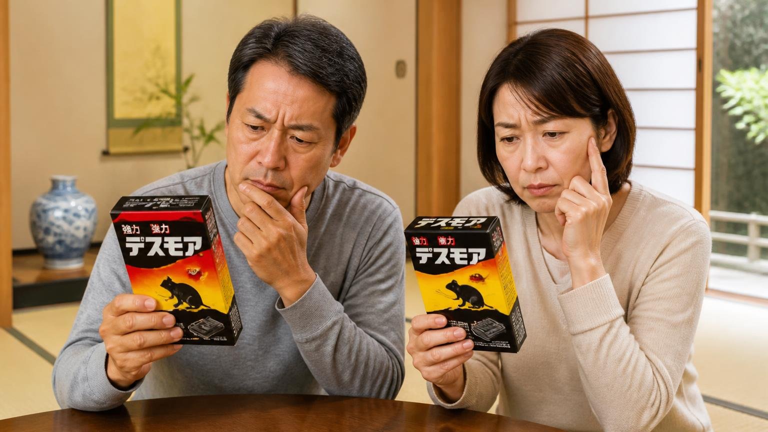 強力デスモアが向いている人・向いていない人/木造戸建ての和室で夫婦2人が商品パッケージを見比べて悩む表情