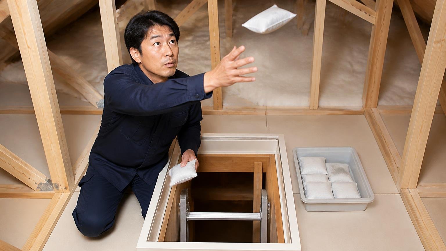 投げ込みタイプとトレータイプの違い。木造戸建ての天井裏の点検口で、男性1人が小袋を放り込みながら眉を上げている