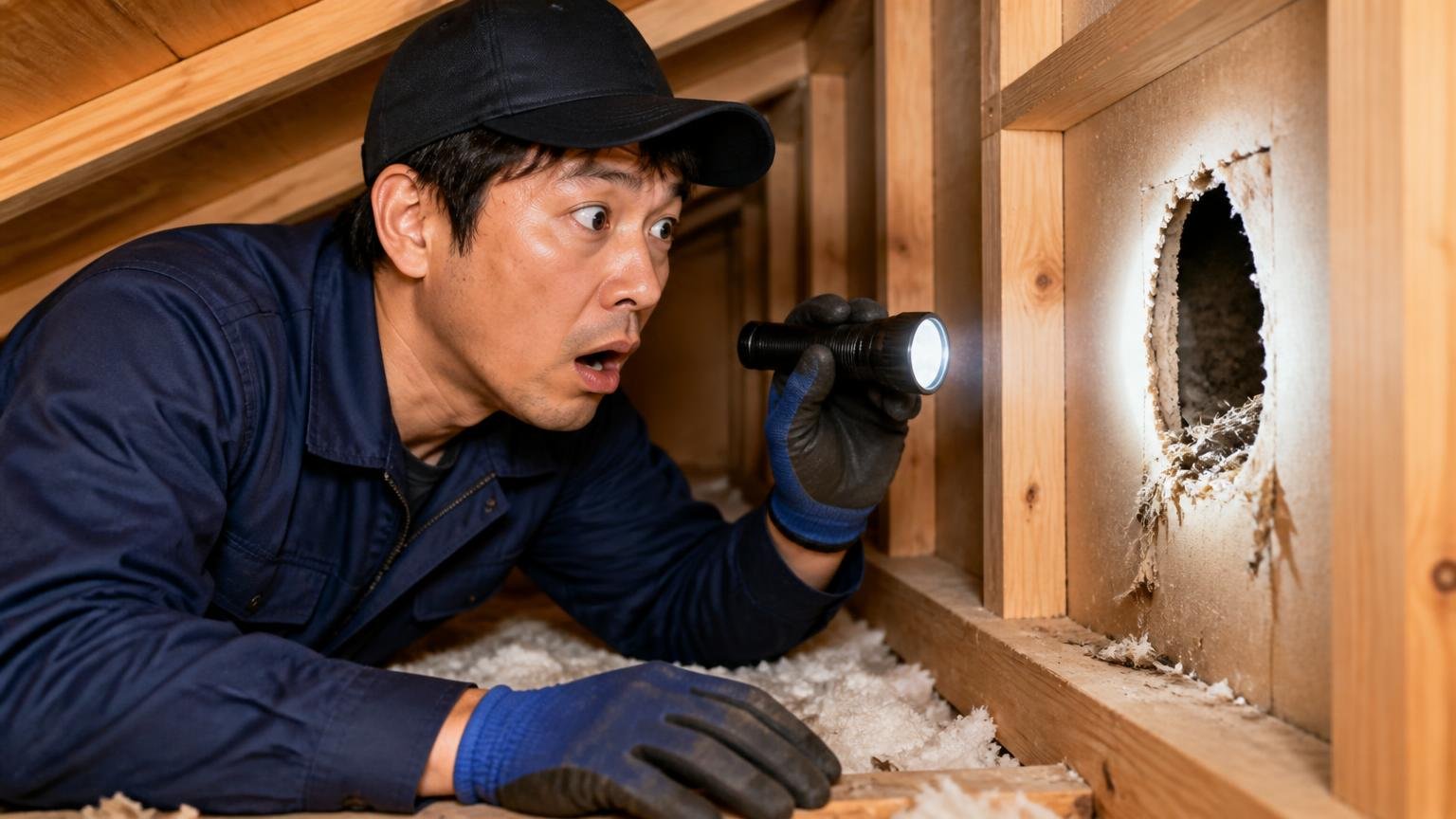良い評判に共通していた3つのキーワード 木造戸建ての天井裏 作業員1名 懐中電灯で侵入口を照らし驚く表情
