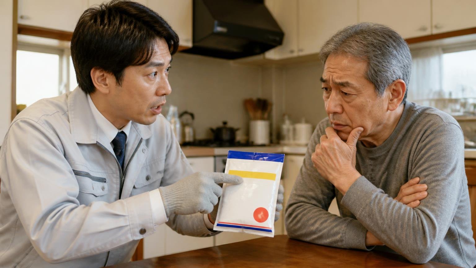 有効成分はリン化亜鉛0.8%の急性毒。木造戸建ての台所で作業員が男性に商品パッケージを見せて成分を説明している