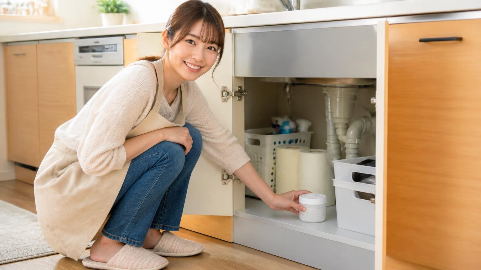 効果ありの口コミに共通する点。木造戸建てのキッチンのシンク下で、女性1人がしゃがんで忌避剤を置きながら安心した笑顔を見せている