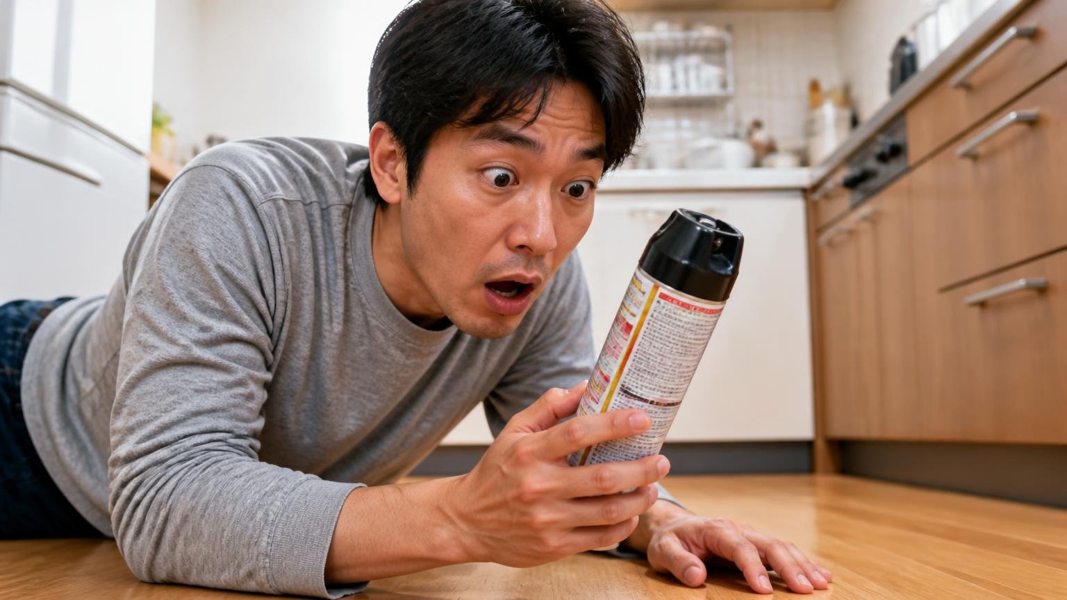 「適用害虫」の欄にネズミは書かれていない。台所の床でスプレー缶の表示を読む30代男性が目を見開く