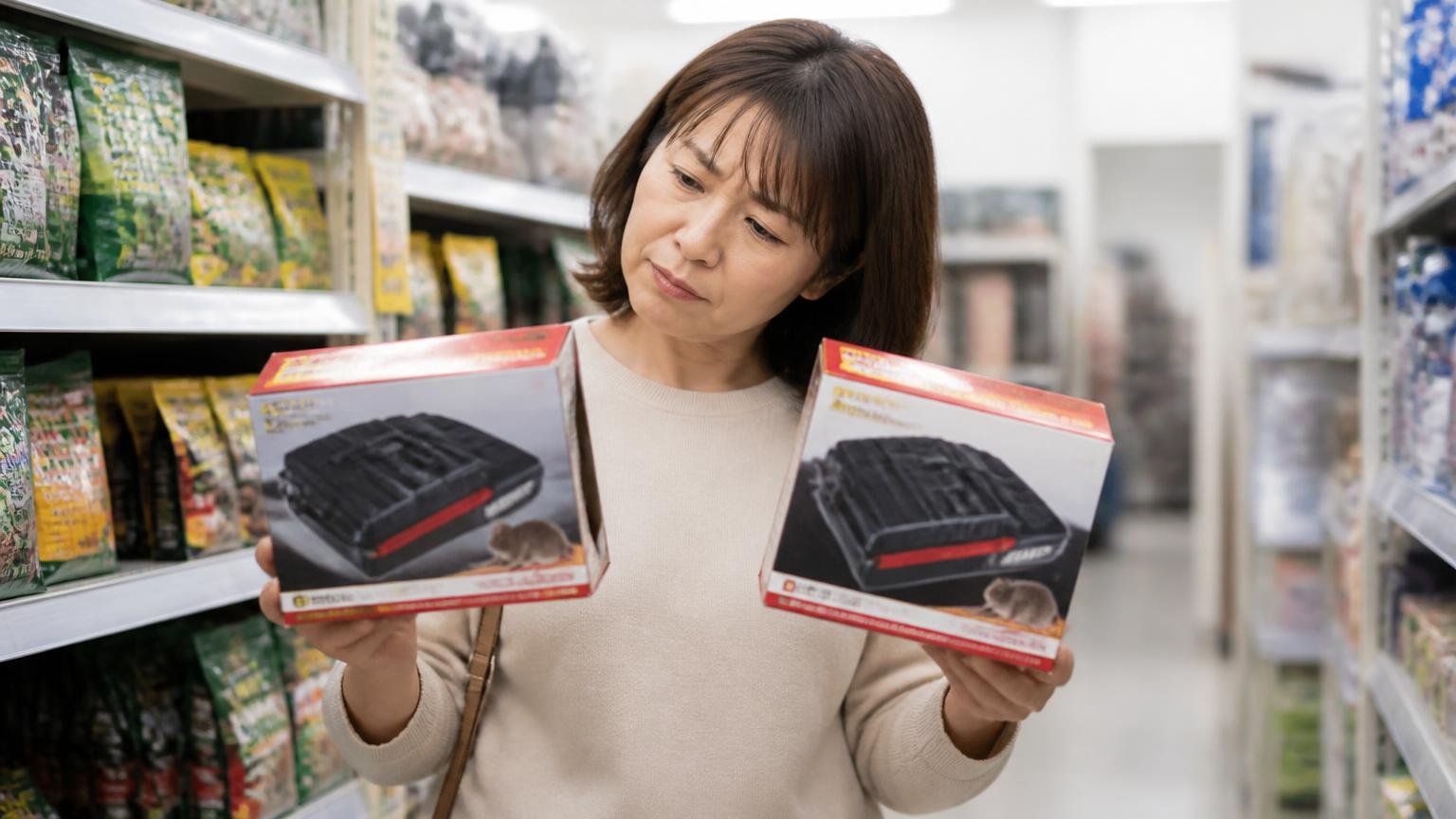 デスモアプロ トレータイプは2種類ある。ホームセンターの売り場で女性1人が2つの箱を見比べて首をかしげている