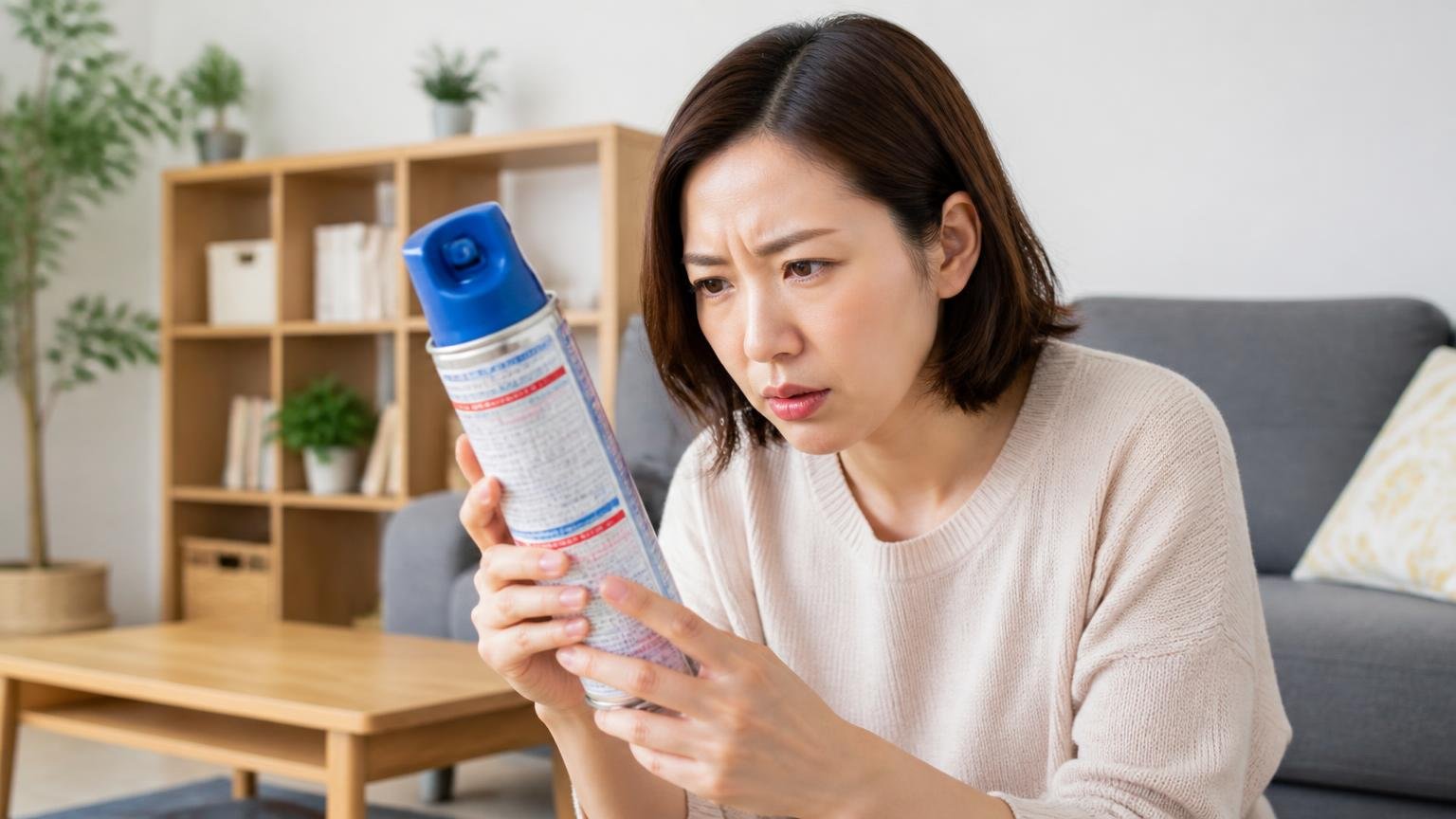 適用害虫は7つ。そのすべてが「虫」でした|リビングで殺虫スプレーの缶の表示を読む|30代女性1人|眉をひそめて缶を凝視