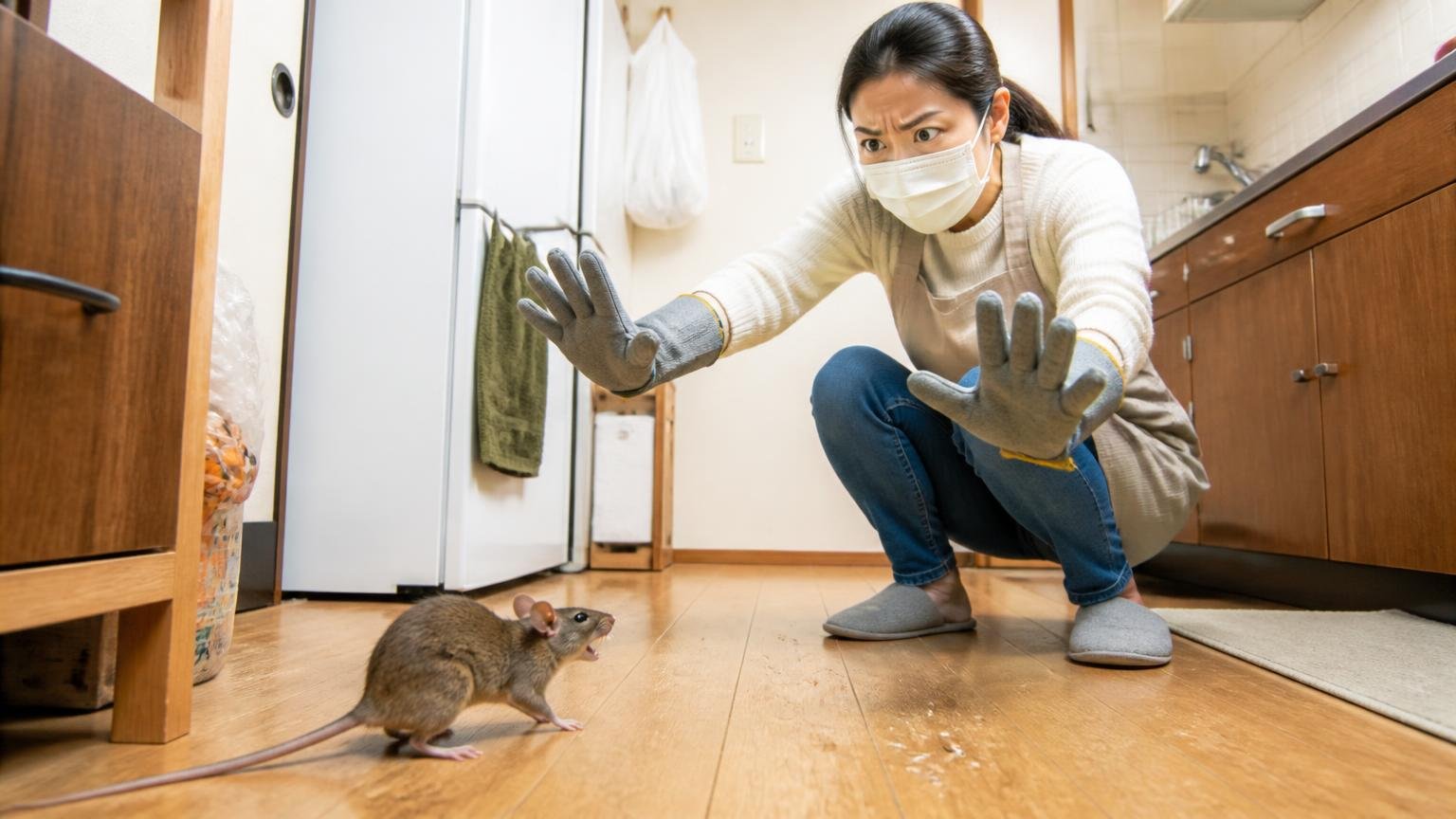 暴れるネズミへの対処5ステップ、木造戸建ての台所、厚手の手袋とマスクをした女性1人、緊張した表情で身構える