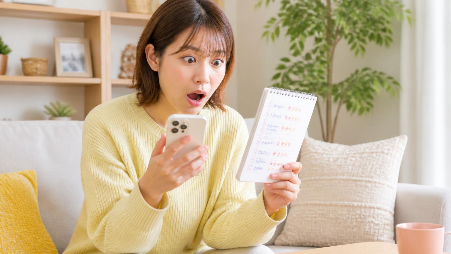 通販サイト別の評価を比較 自宅リビングのソファで30代女性がスマホとメモを見比べ驚く表情