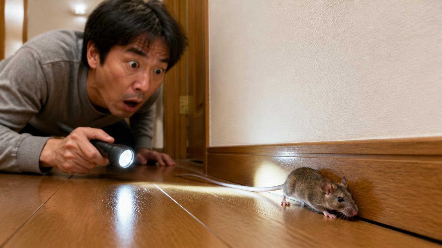 ネズミは壁際を体をこすりつけながら移動する。木造戸建ての廊下の壁際で懐中電灯を当てて確認する住人1人が驚く