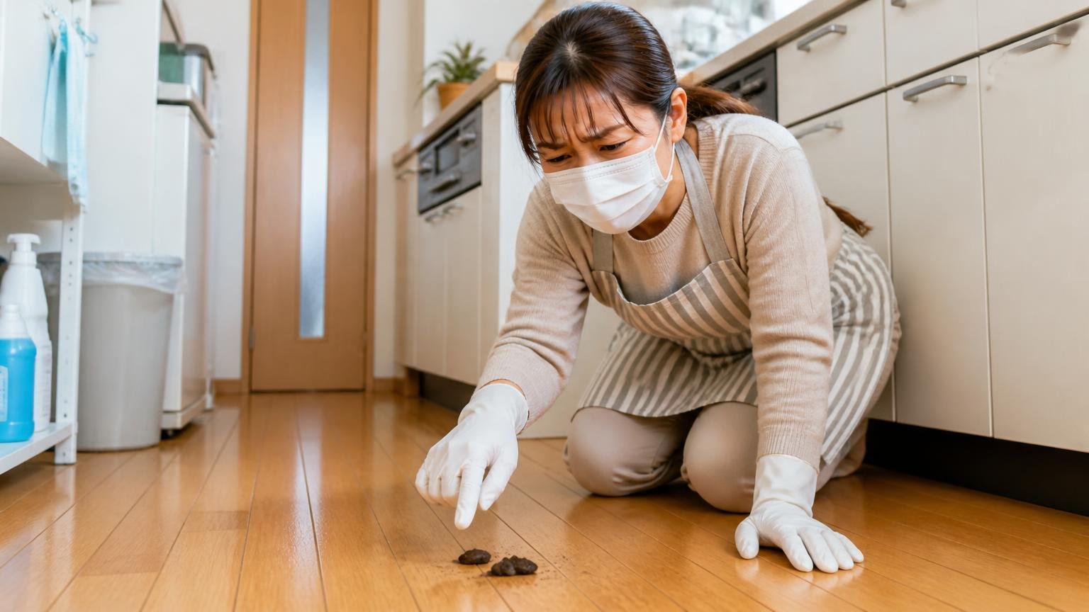 固さの確かめ方 木造戸建ての台所の床 主婦1人 手袋とマスク姿でフンを見つめ眉をひそめる