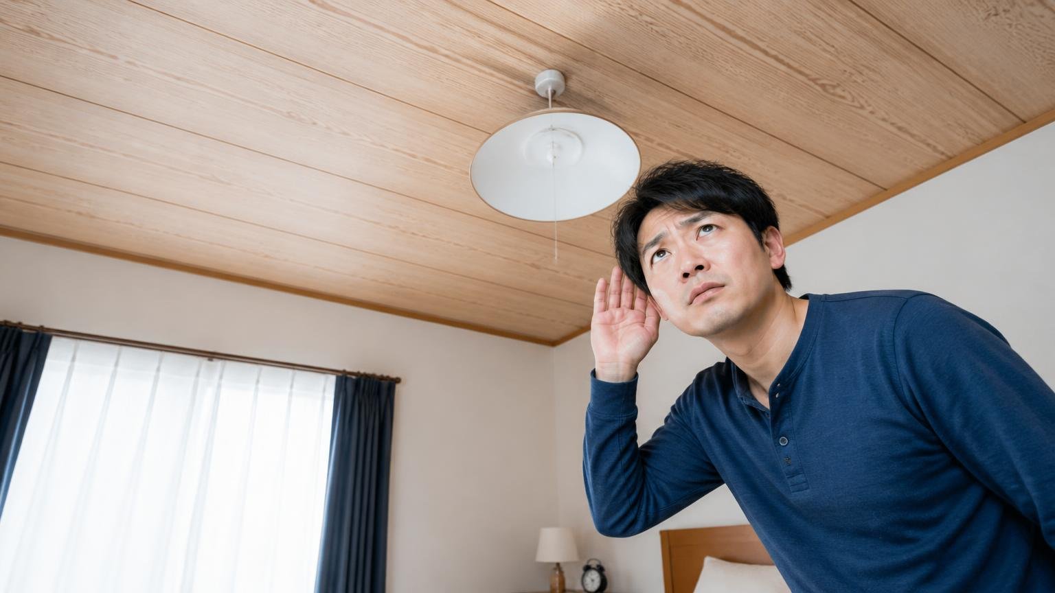 ミシミシという音は動物・家鳴り・木部の劣化のどれでも起こる 木造戸建ての寝室 天井を見上げる住人1人 眉をひそめて耳を澄ます