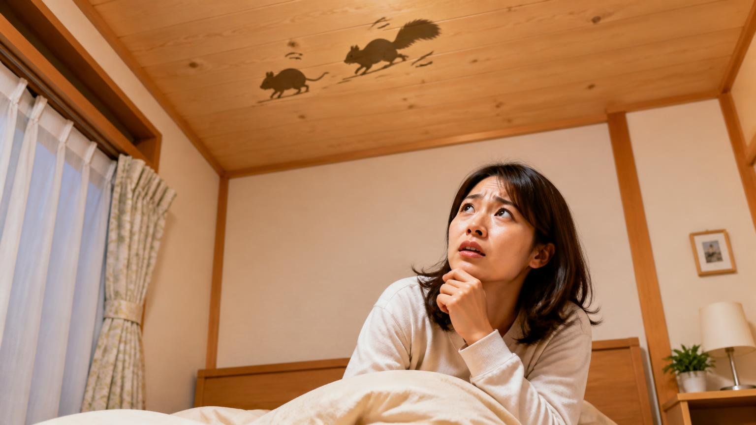 カチカチが動物の音である可能性。木造戸建ての寝室で天井を見上げる30代女性1人が不安げな表情