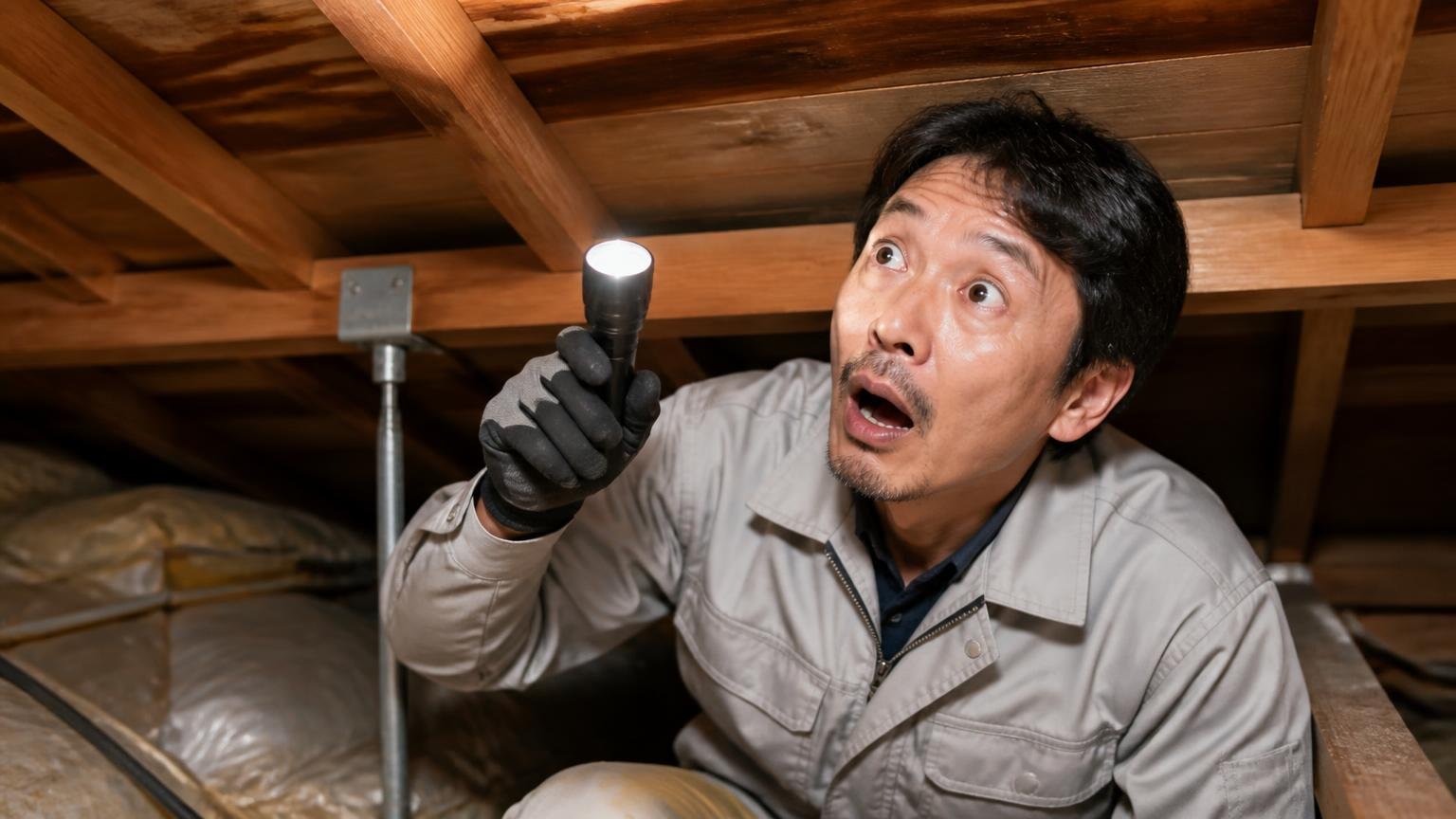 体の大きい動物が動く音|木造戸建ての天井裏で作業員1人が懐中電灯を上に向け、目を見開いて驚く