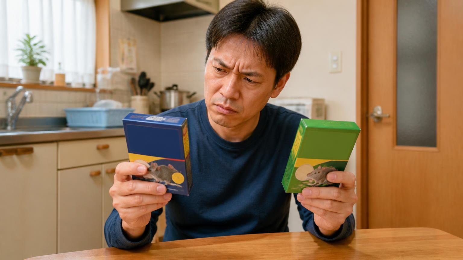 有効成分の違い。木造戸建ての台所で殺鼠剤2箱を見比べる40代男性が眉をひそめる