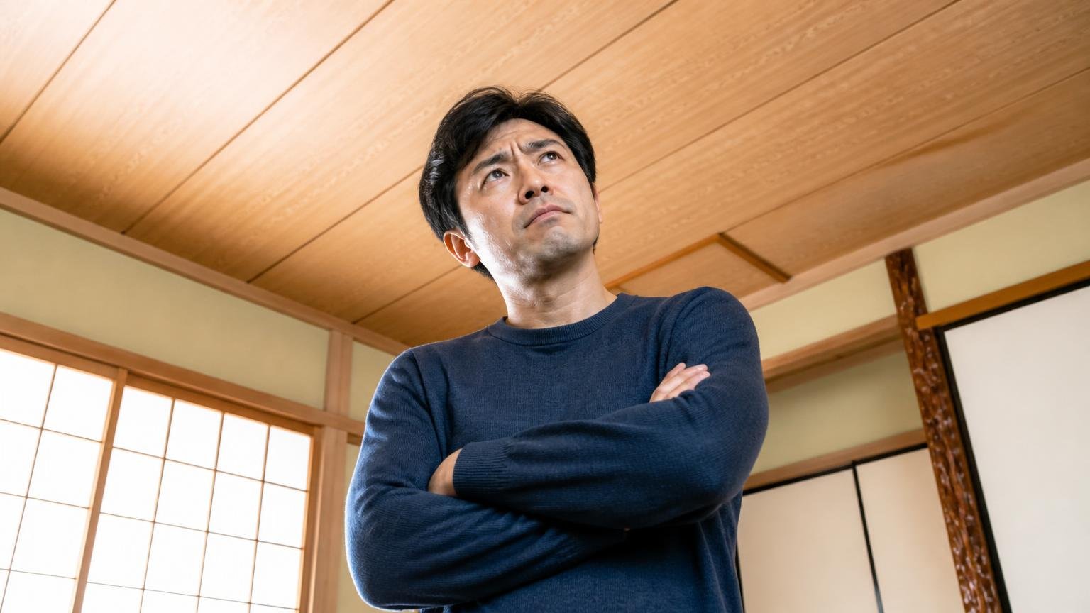 結論は効くが即効性はない、木造戸建ての和室で天井を見上げる男性1人が腕を組み眉をひそめて考え込む