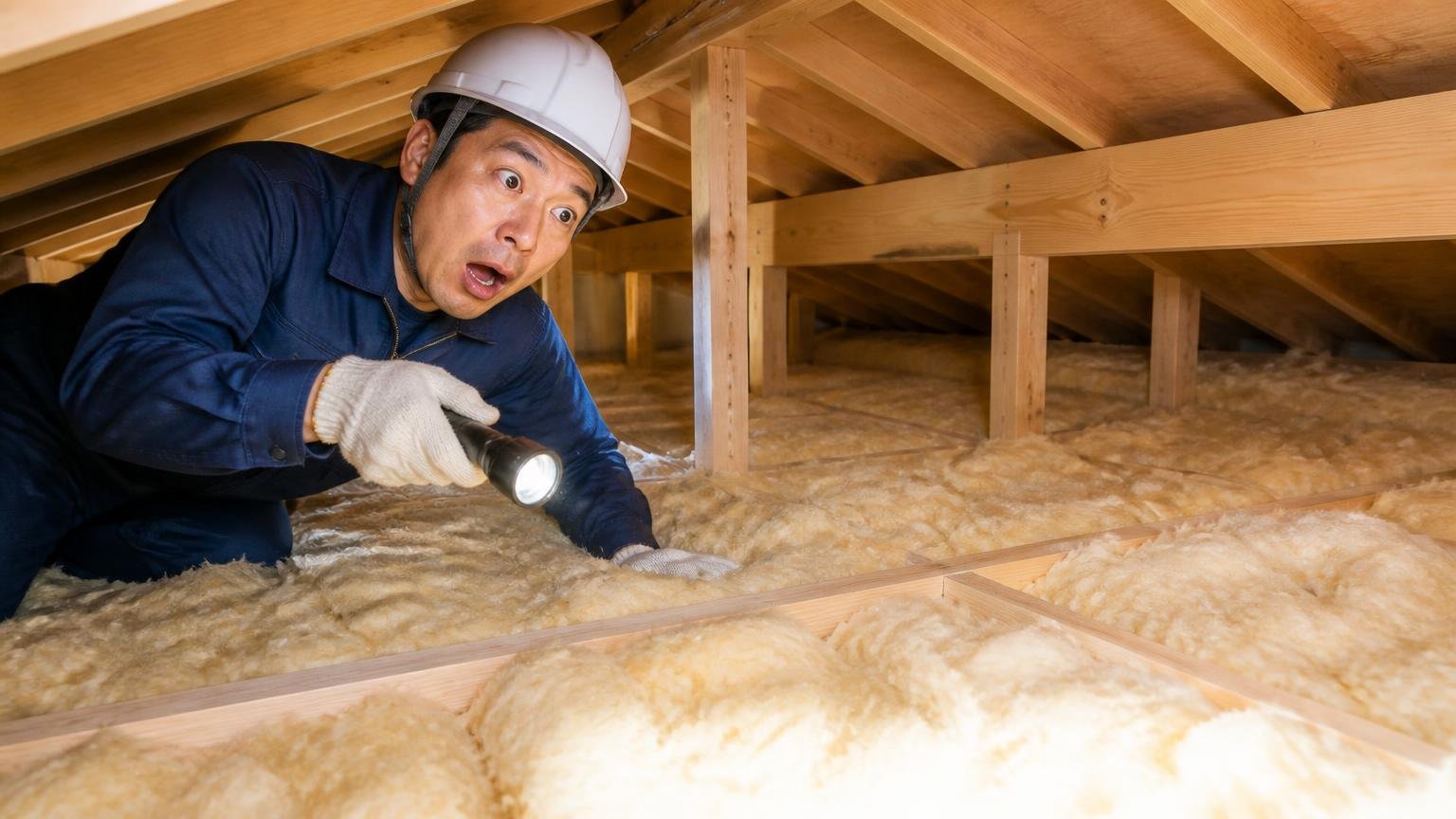 断熱材の中は冬でも体温を守れる 木造戸建ての天井裏 作業員1人が懐中電灯で照らし驚く