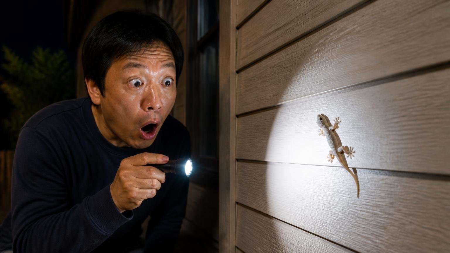 ニホンヤモリの体重は2.3〜4.0g。夜の木造戸建ての外壁で、男性1人が懐中電灯で壁のヤモリを照らし驚く表情