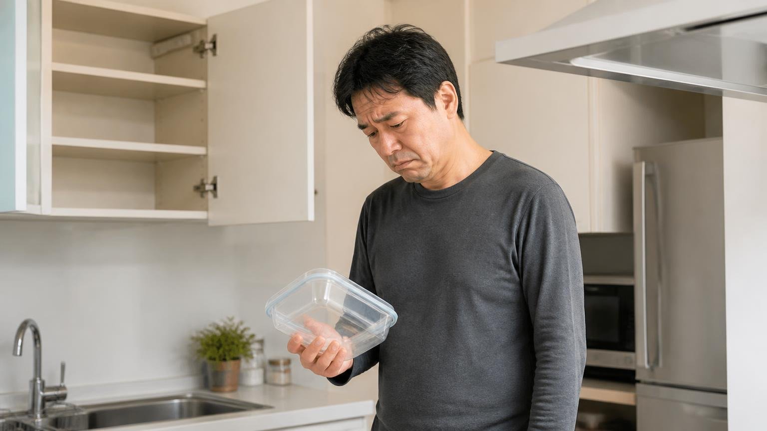 完全に食べ物が無い家は成立しない。戸建ての台所で密閉容器を手に肩を落とす40代男性1人