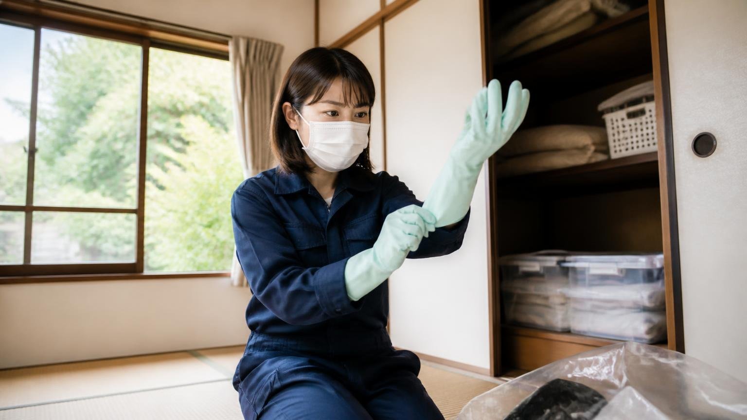 まず窓を開けてマスクと手袋を着ける。和室の押し入れ前で女性1人が手袋をはめ真剣な表情