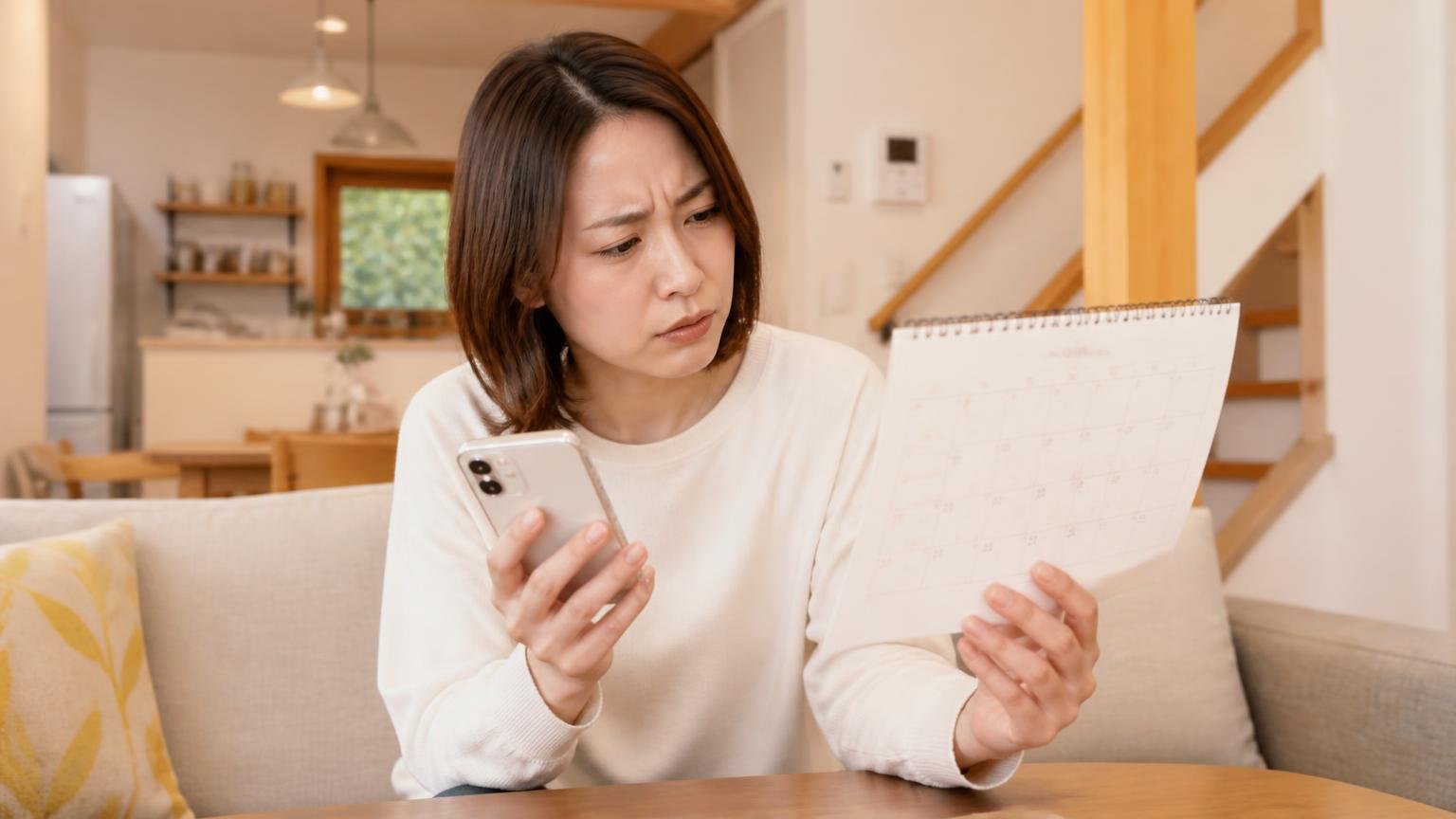 口コミはすべて2016年投稿。木造戸建てのリビングでカレンダーとスマホを見比べる30代女性が眉をひそめる
