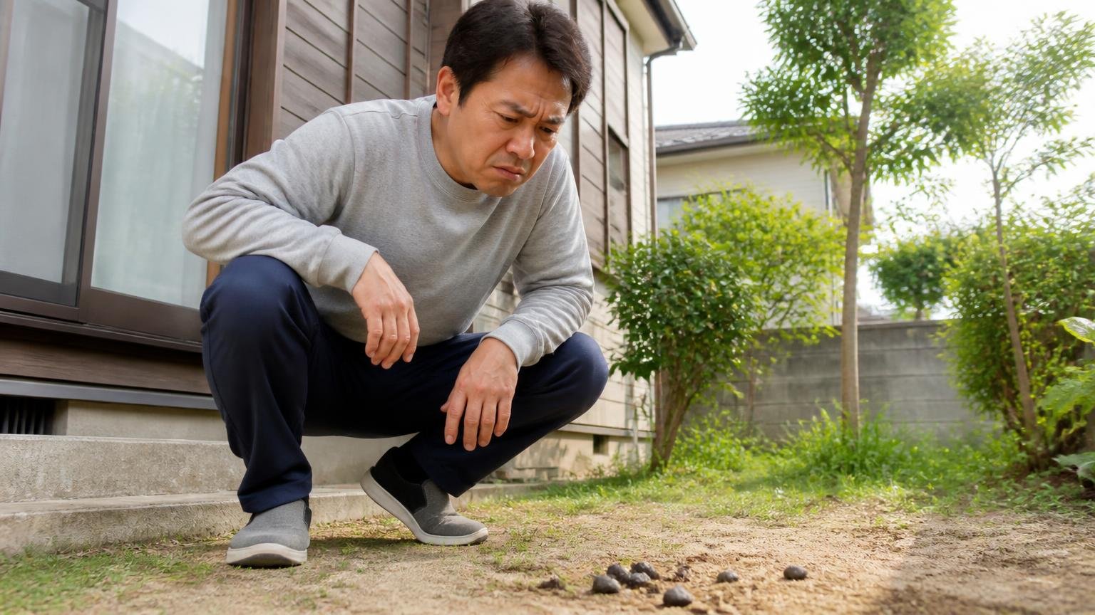 効果があった声となかった声の境界線|木造戸建ての庭先で40代男性が地面のフンの跡を見下ろして眉をひそめる