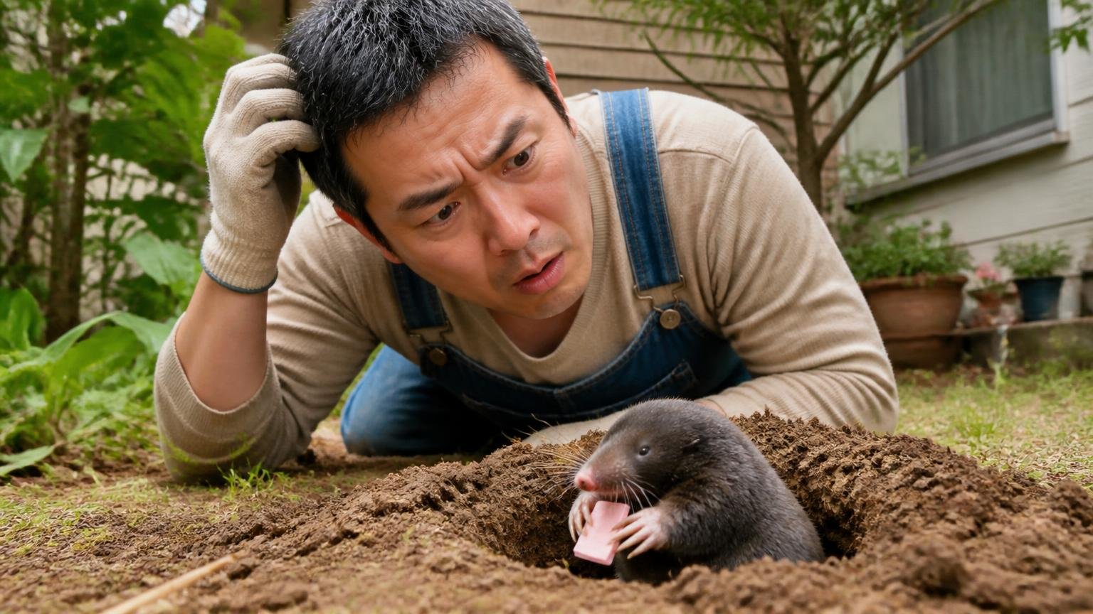 モグラの口は細くガムを噛み切れない構造|庭の土の上でモグラの穴をのぞき込む住人1人が首をかしげる
