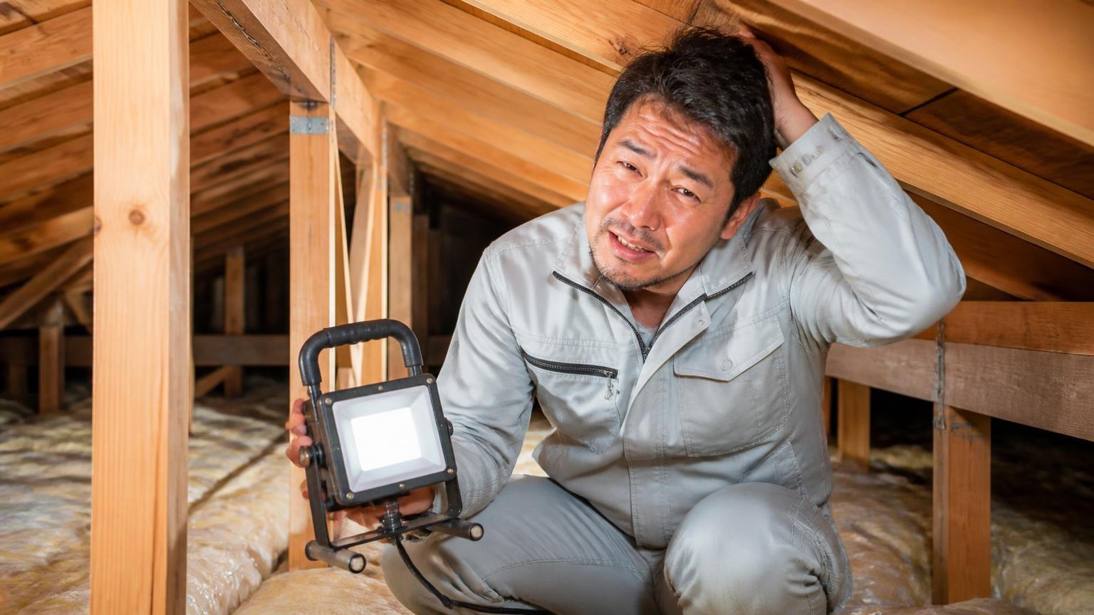 建築のプロが自宅で全部試して戻られた話。木造住宅の屋根裏で、作業着姿の男性1人が投光器を手に苦笑いする
