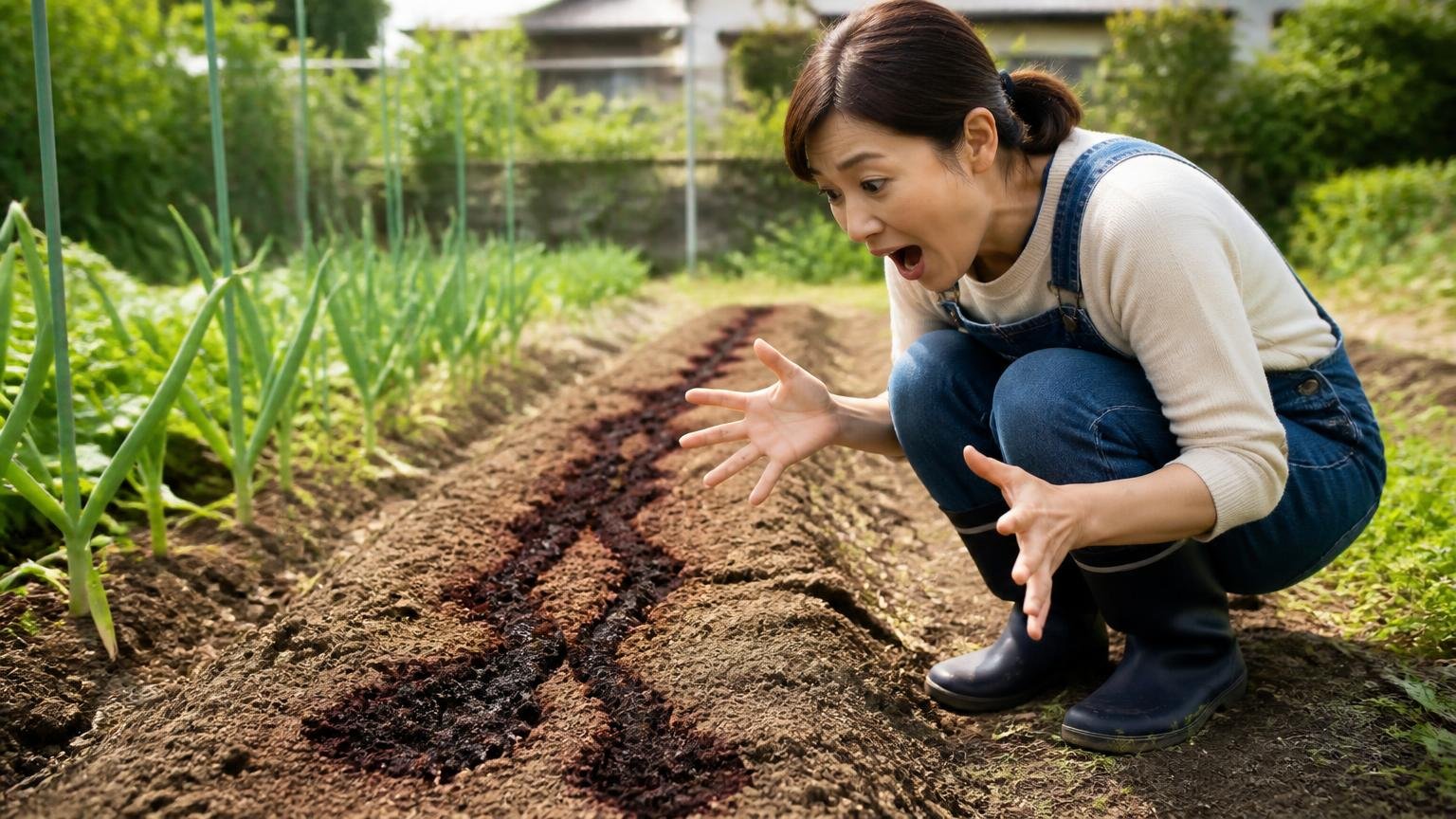 実際にコーヒーかすでモグラが避けた記録 家庭菜園の畝の前で女性1人が驚いた表情で土を見ている