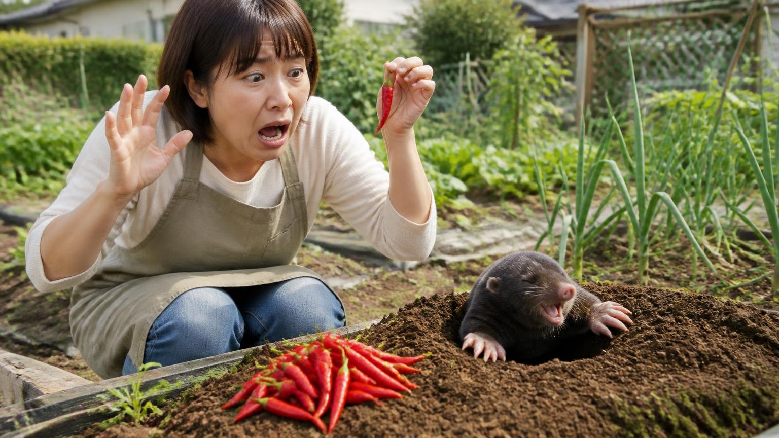 モグラが唐辛子を嫌がるのは鼻がいいから、家庭菜園の畝の前で女性1人が鷹の爪を手に驚く