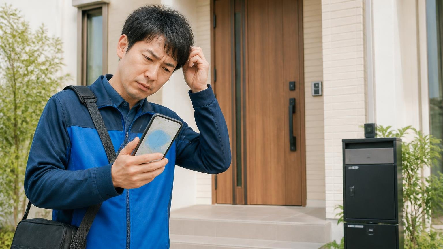 対応エリアの線引きを確認する。住宅の玄関前で男性1人が地図アプリを見て首をかしげる