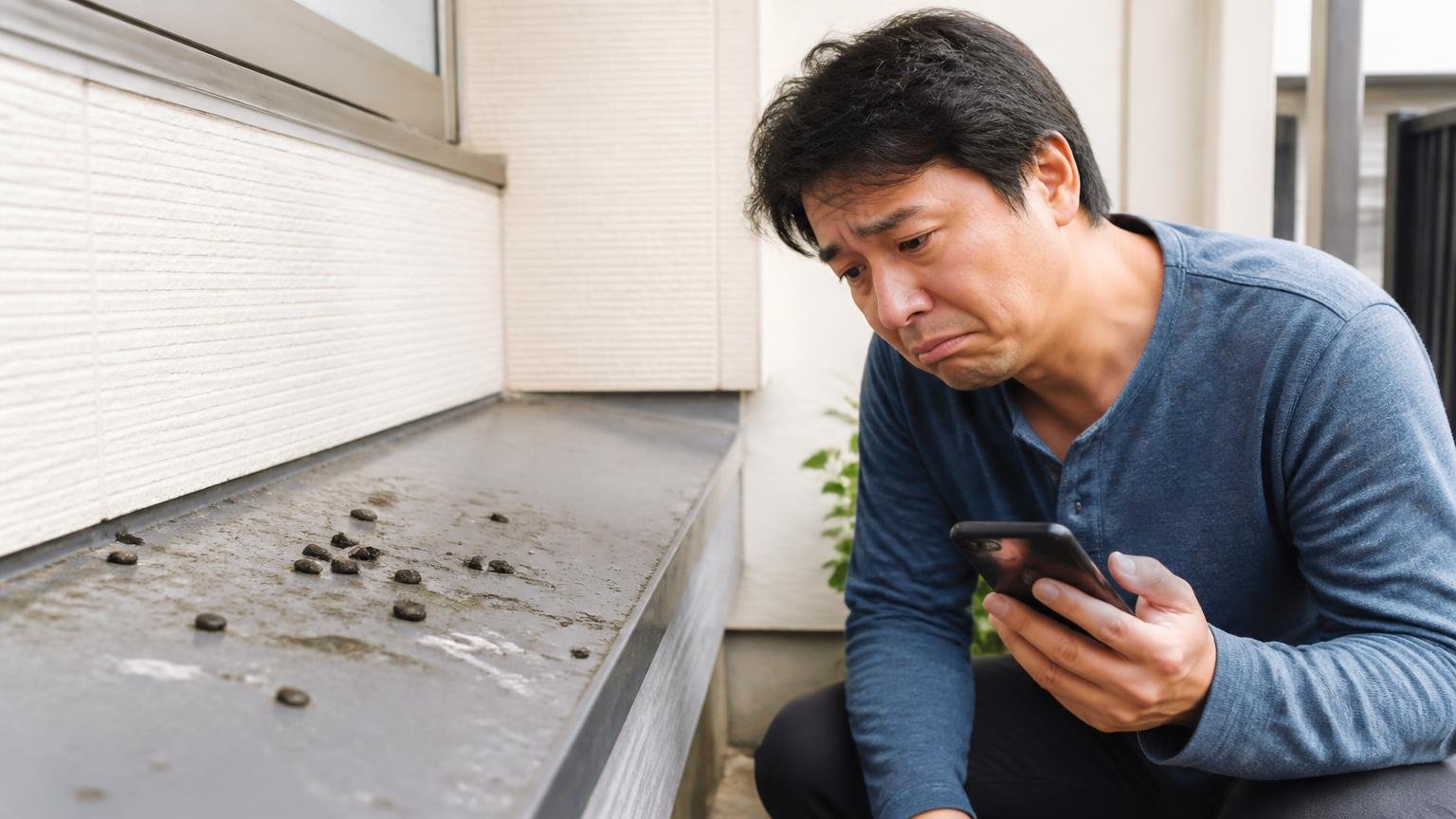 効かなかったという口コミを読む場面 住宅の軒下でフンを見つけた住人1人 肩を落とす表情