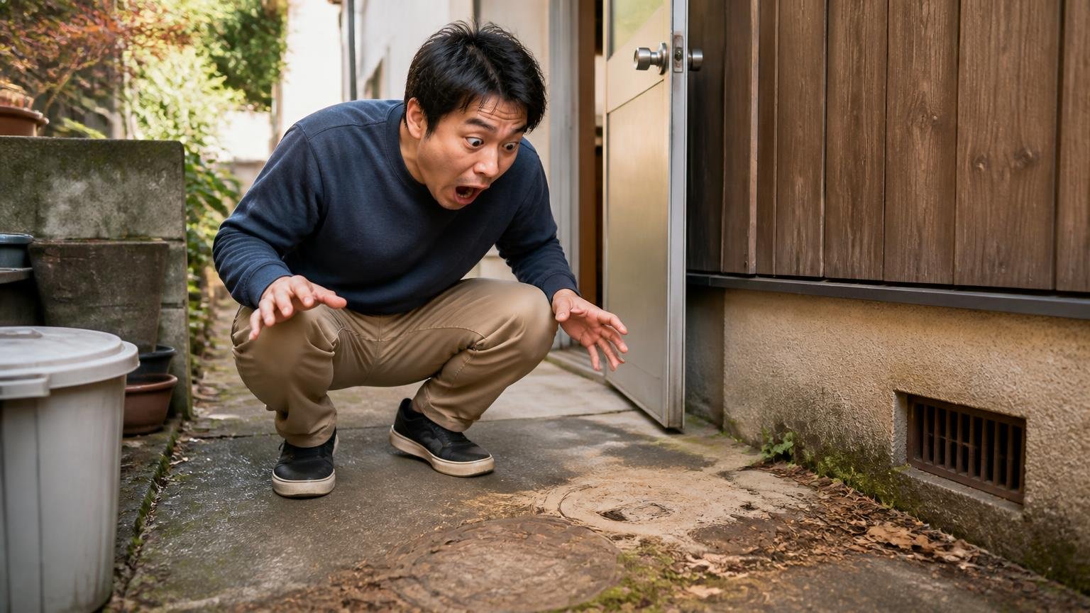 ファブリーズが効いたという声がある理由。木造戸建ての勝手口で男性1人が地面を見て驚き目を見開く