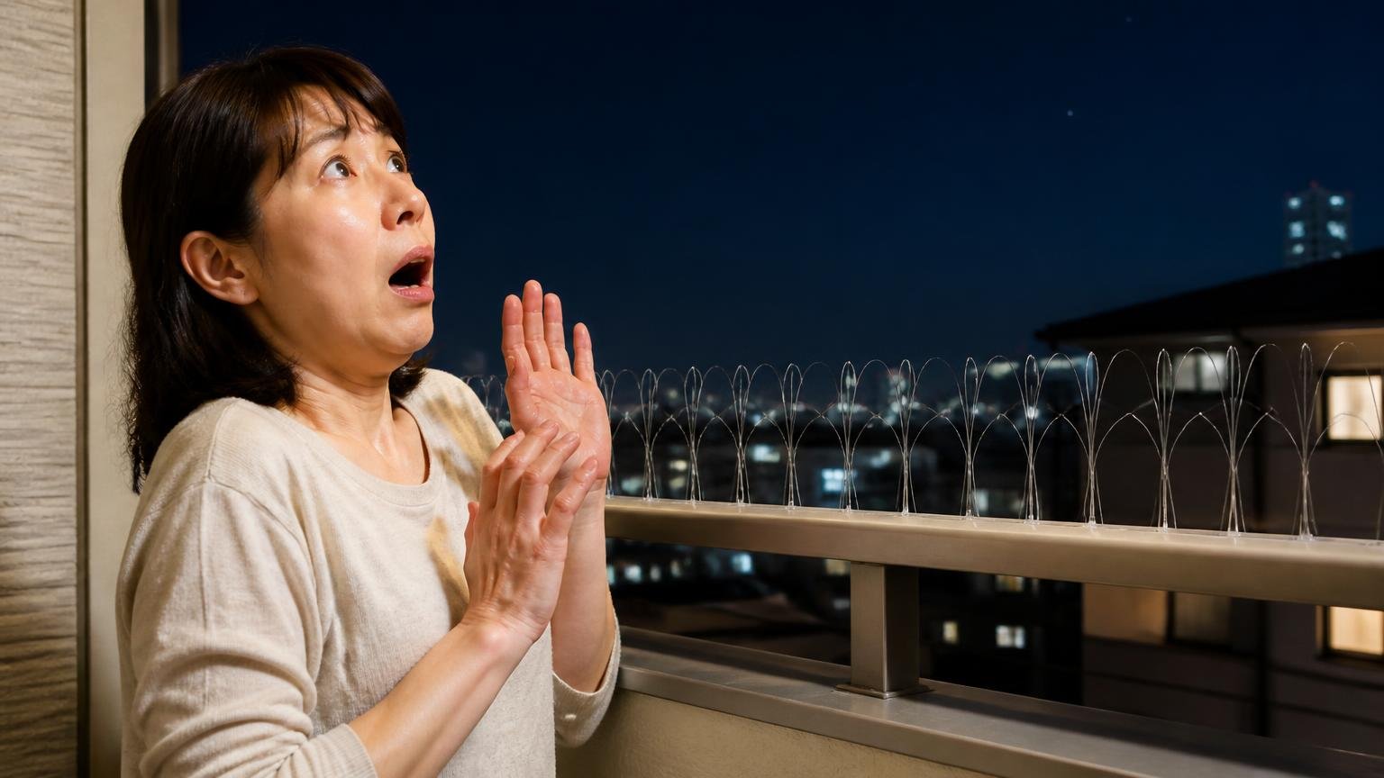 テグスが効くのは住み着かれていない段階だけ|住宅のベランダ手すり周辺|女性1人が夜空を見上げて驚く表情