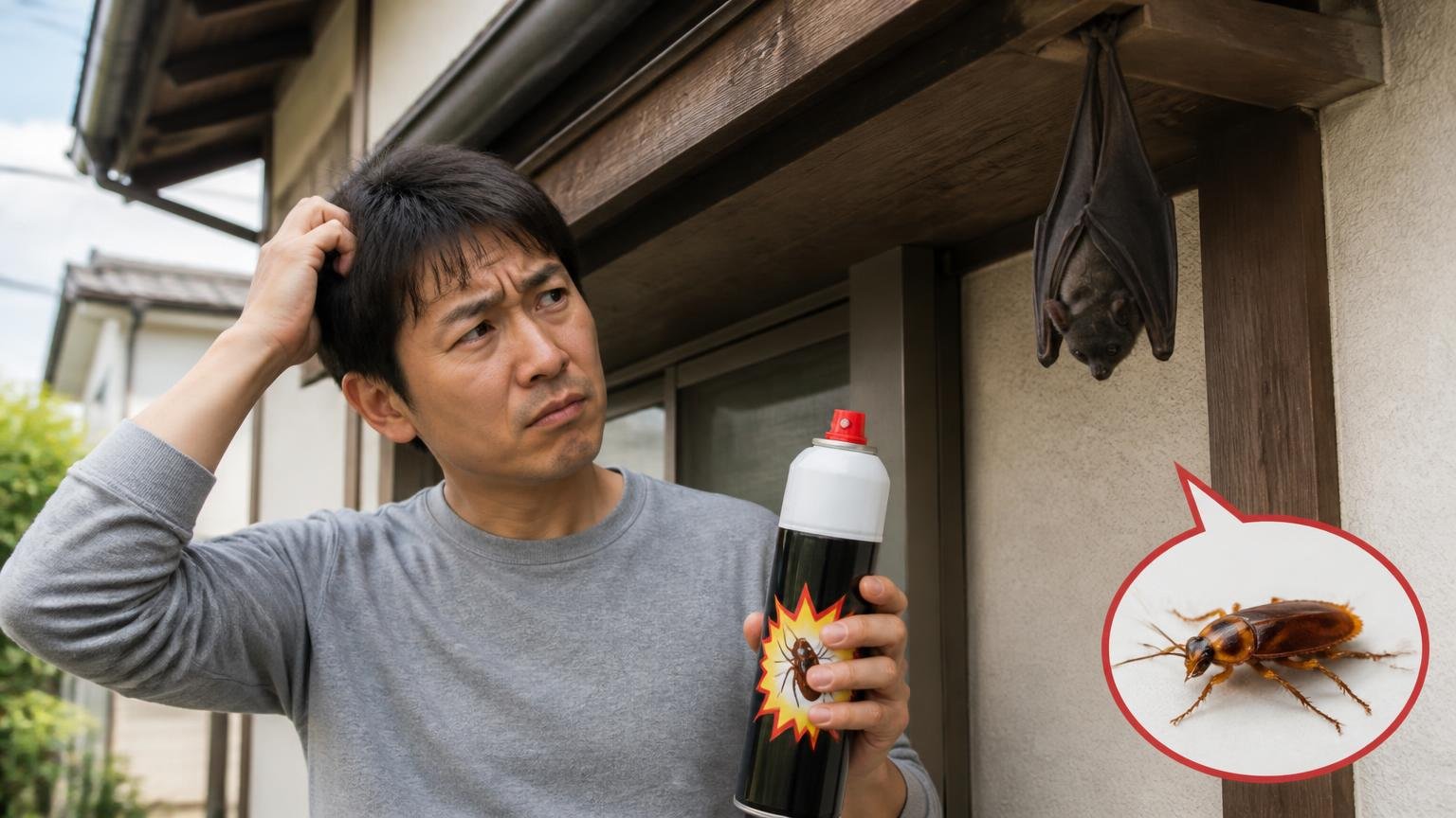 ゴキブリには効いてコウモリに効かない理由|木造戸建ての軒下で男性1人が缶を手に首をかしげる