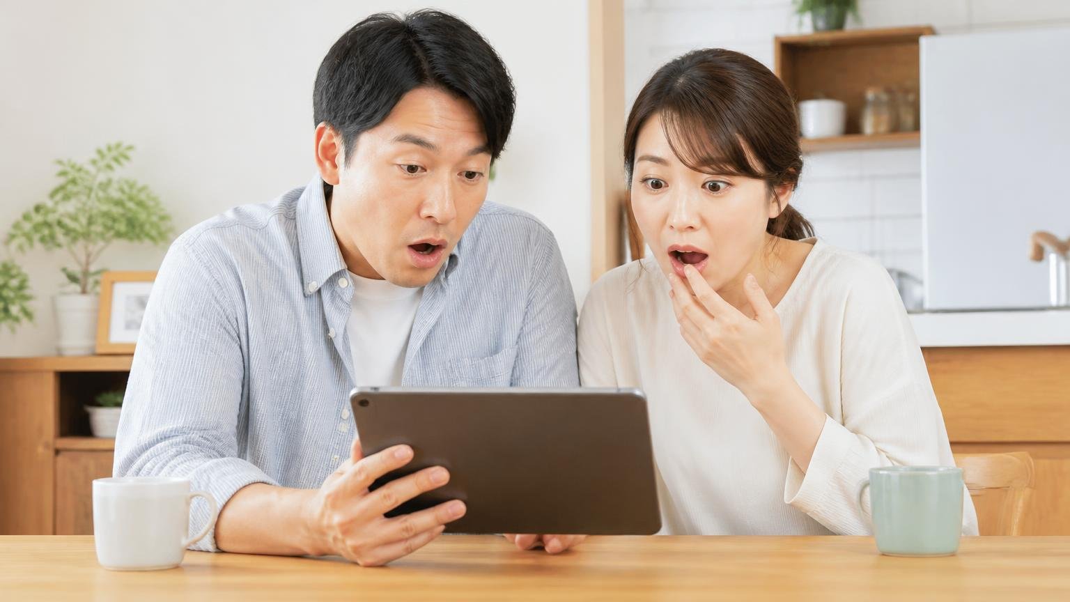 星の評価の内訳を確認|自宅ダイニングでタブレットの評価画面を見る夫婦2人が驚いた表情