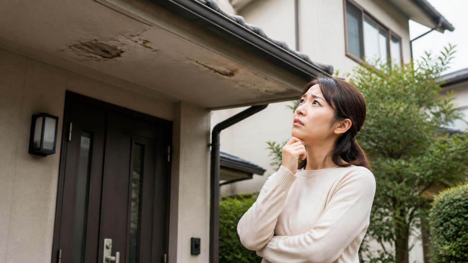 記事で判断できるようになること 築20年の戸建て玄関前で不安げに屋根の軒下を見上げる30代女性