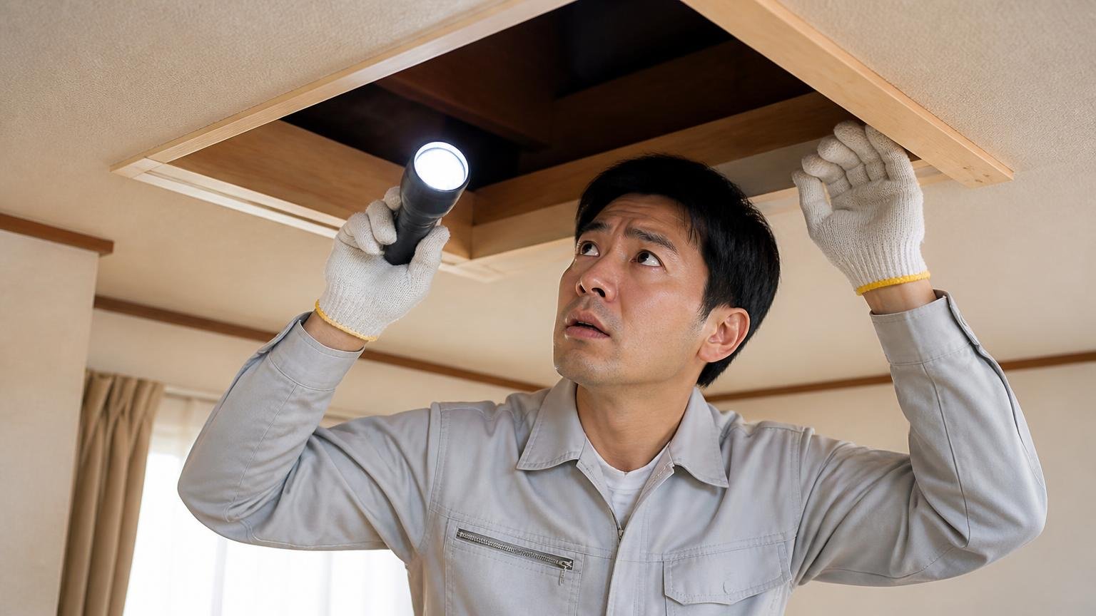 被害段階の見極め 木造戸建ての天井裏の点検口を1人の男性が懐中電灯で照らし覗き込む