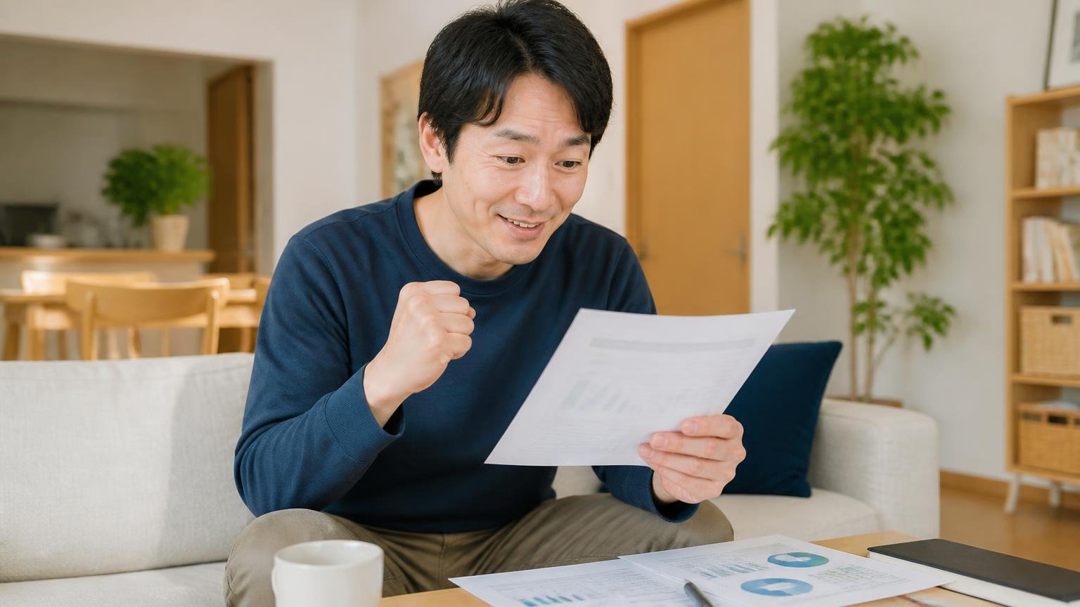 効かないのはハズレを引いたからではない 戸建ての居間 男性1人 資料を見て安堵の表情