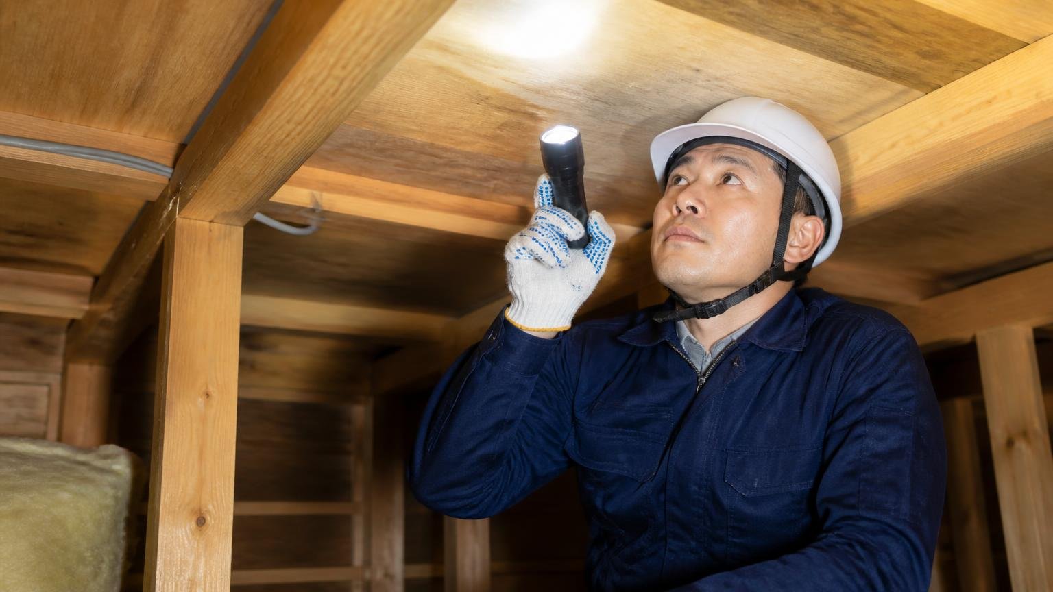 効果を決めるのは家の状態。木造戸建ての天井裏を懐中電灯で照らす作業員が真剣な表情で見上げる