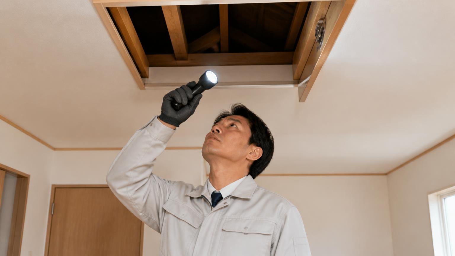 口コミが少ない=怪しいではない理由 木造戸建ての天井裏を懐中電灯で確認する点検口の下 作業服の男性1人 真剣な表情で見上げる