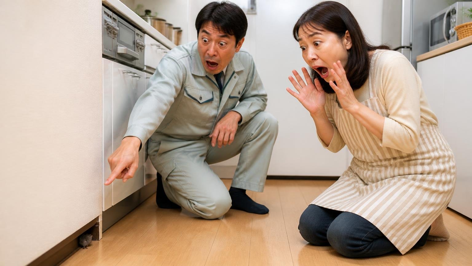 ネズミは部屋の真ん中を歩かない。住宅の台所で壁ぎわを指さす作業服の男性1人と主婦1人が驚く