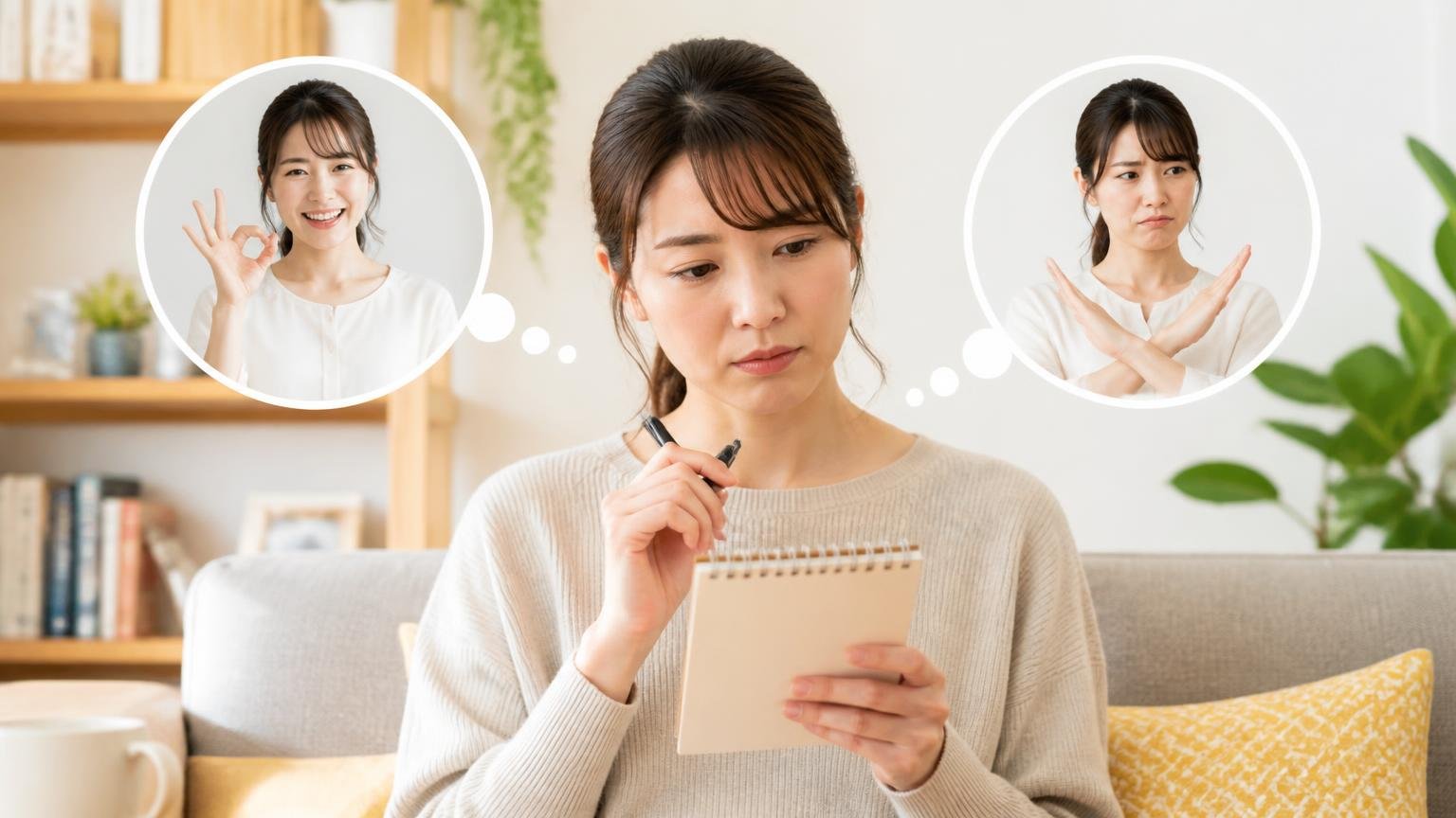 向いている人・向いていない人。リビングで30代女性1人がメモ帳にチェックを書き込み真剣な表情