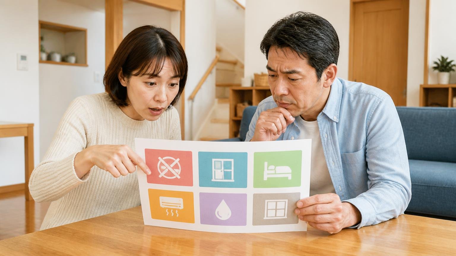 効かない6つの原因と自分がどれに当てはまるか、木造戸建てのリビングで30代女性と40代男性が原因表を指さして確認する