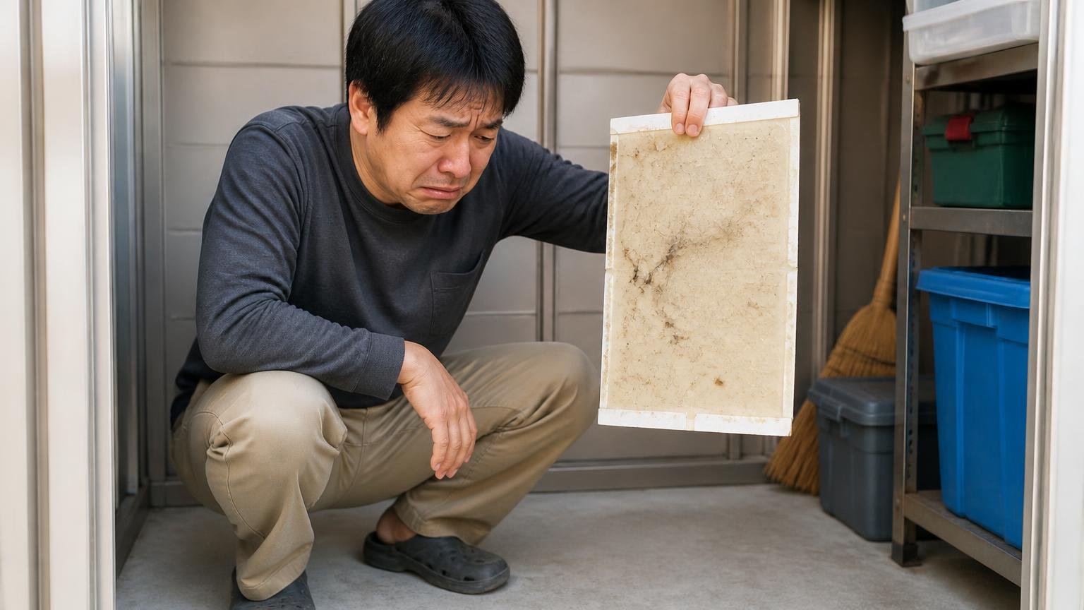 「全然捕れない」という口コミ 住宅の物置の床で 男性1人が 空の粘着シートを持ち上げ肩を落とす